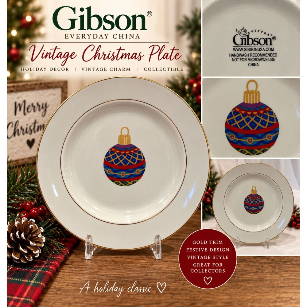 Vintage Gibson Christmas Ornament Plate Gold Trim Holiday Decor